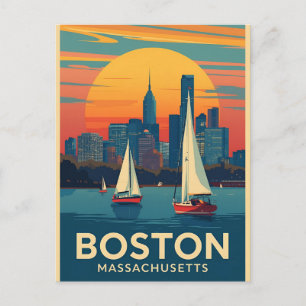 Retro Boston Skyline & Sailboats Massachusetts Postcard
