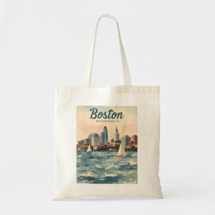 Retro Boston Skyline & Sailboats Massachusetts Tote Bag