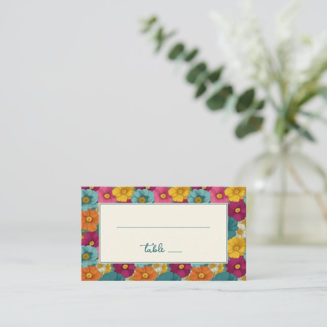 Retro Botanica and Teal Wedding Place Card (Standing Front)