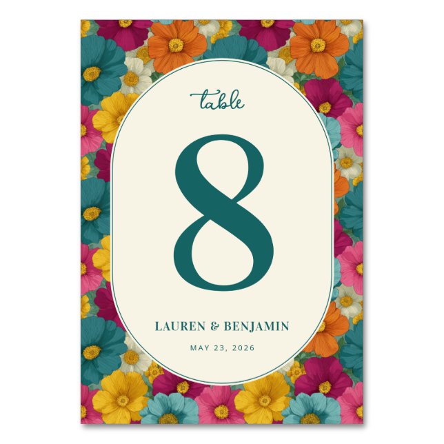 Retro Botanica and Teal Wedding Table Number (Front)