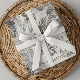 Retro Botanical Butterfly Script Black and white Wrapping Paper Sheet