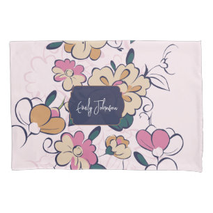 Retro Botanical Custom Name Pink Cream Beige Pillowcase