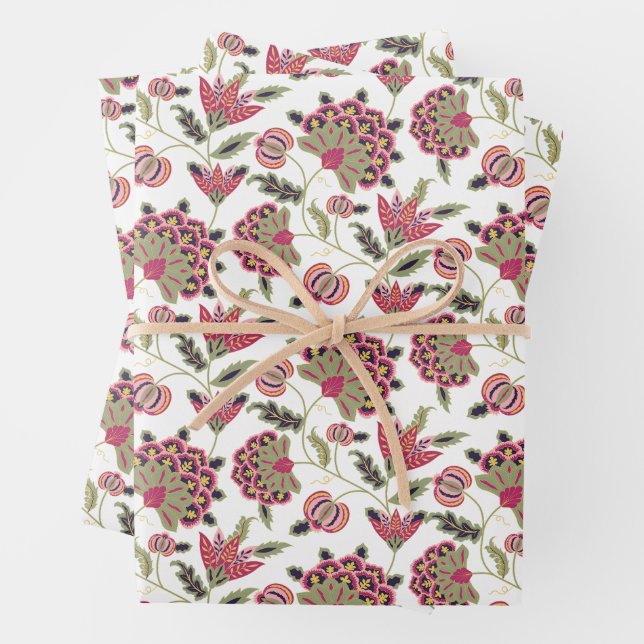 Retro Botanical Damask Wrapping Paper Sheet (In situ)