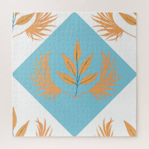 Retro Botanical Geometric Pattern Orange Floral Jigsaw Puzzle