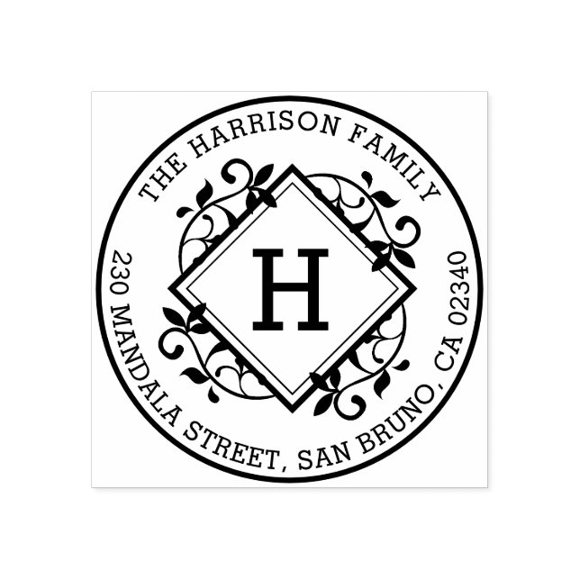 Retro Botanical Round Family Name & Return Address Rubber Stamp (Imprint)