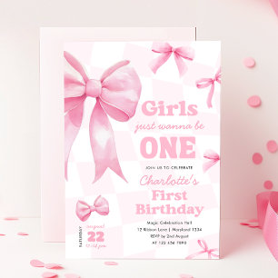 Retro Bow Chequered First Birthday Invitation