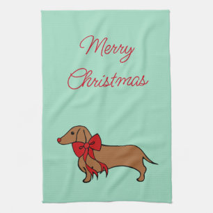 Retro Bow Christmas Dachshund Kitchen Towel Gift