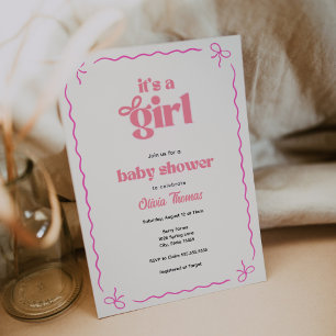 Retro Bow Pink Baby Girl Shower Invitation