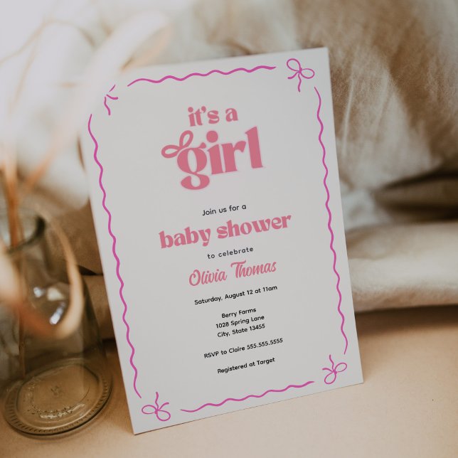 Retro Bow Pink Baby Girl Shower Invitation (Creator Uploaded)