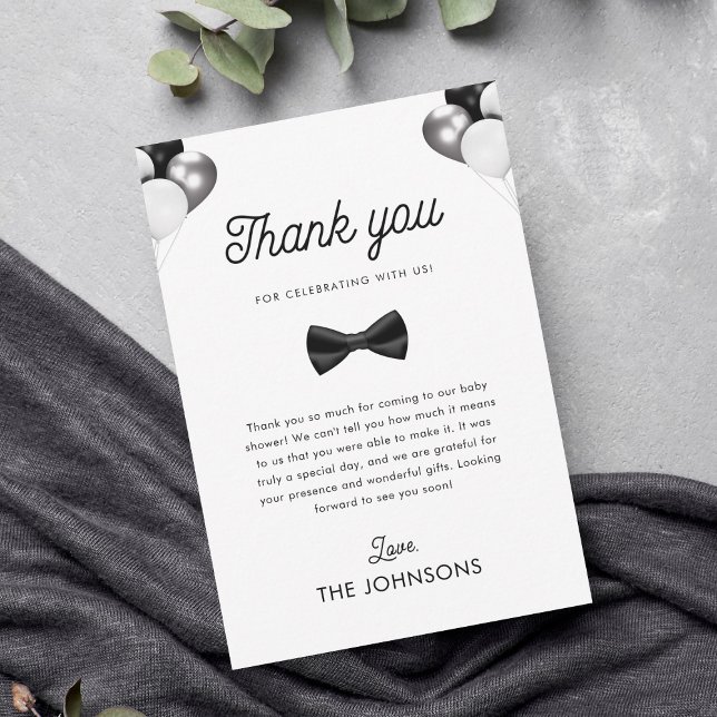 Retro Bow Tie & Balloons Boy Baby Shower Thank You Card (Creator Uploaded)