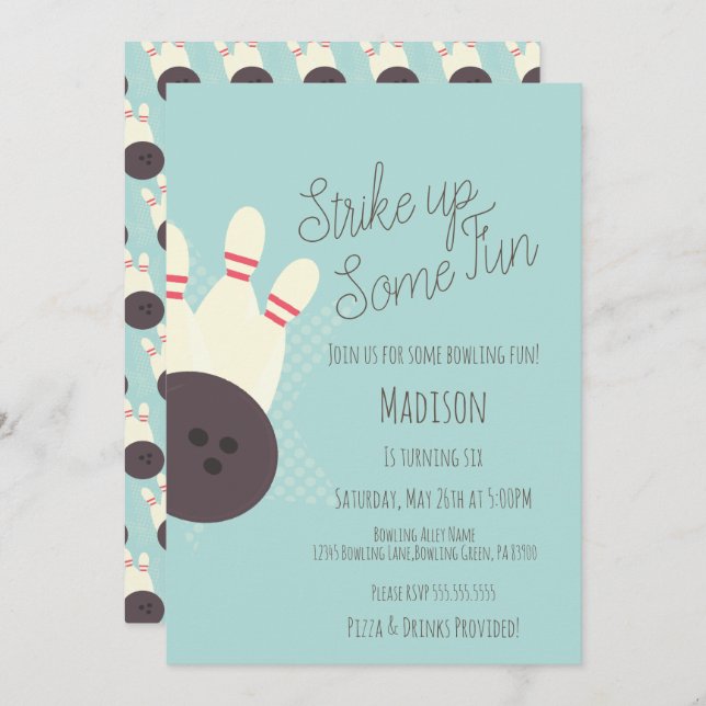 Retro Bowling Alley Birthday Party Teal Invitation (Front/Back)
