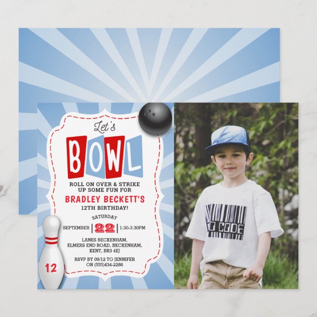 Retro Bowling Any Age Birthday Photo Invitation (Front/Back)