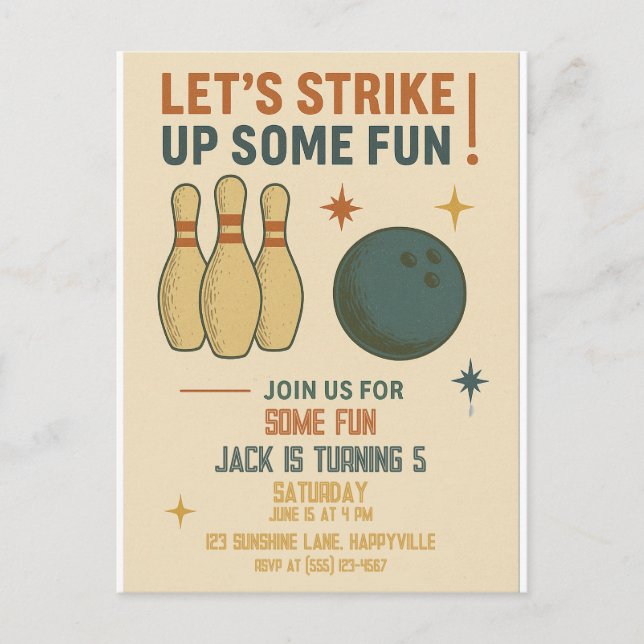 Retro Bowling Birthday Invitation for Boys Postcard (Front)