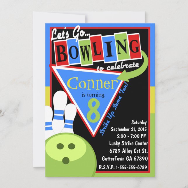 Retro Bowling Birthday Party Invitation (Front)