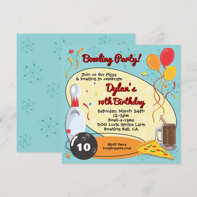 Retro Bowling Birthday Party Invitation (Front/Back)