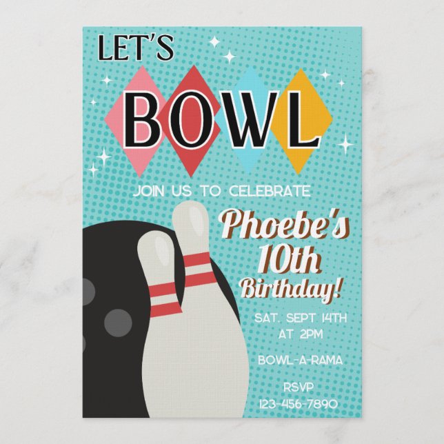 Retro Bowling Bowl Birthday Party Invitation (Front)