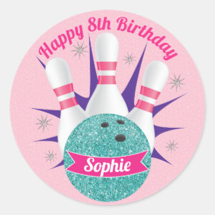Retro Bowling Girls Glitter Birthday Party Classic Round Sticker