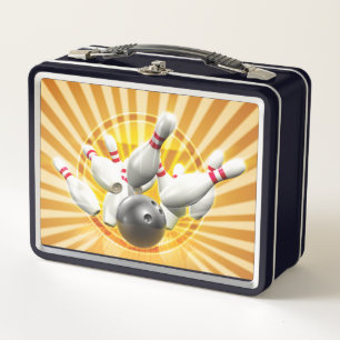 Retro Bowling Graphic in Yellow and Black Metal Lunch Box