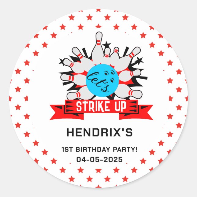 Retro Bowling Kids 1st Birthday Party Classic Roun Round Sticker (Front)