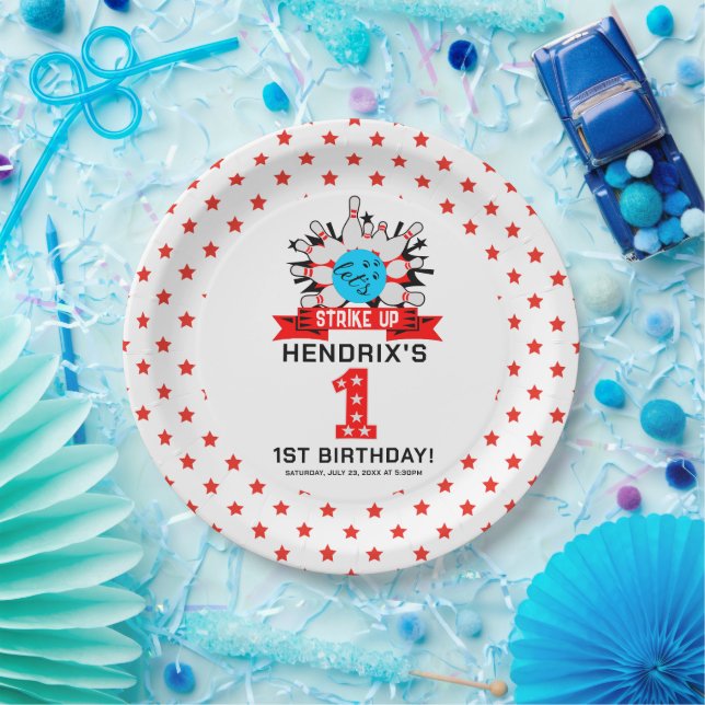Retro Bowling Kids 1st Birthday Party Paper Plate (Party)