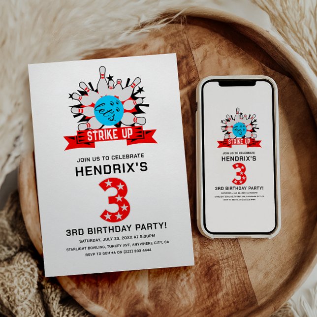 Retro Bowling Kids 3RD Birthday Party Invitation (Retro Bowling Kids 3RD Birthday Party Invitation)