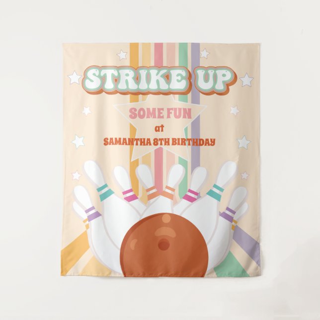 Retro Bowling kids Birthday Party Backdrop Tapestry (Front)