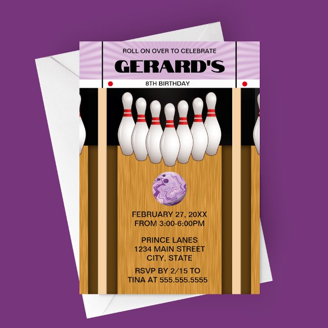 Retro Bowling Lane Birthday Party Invitation (Purple Realistic Bowling Alley Birthday Party Invitation)