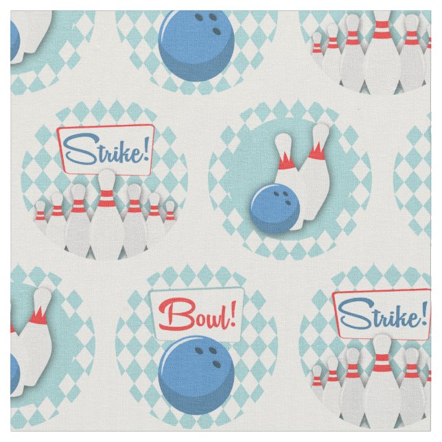Retro Bowling Pattern Bowling Ball Pins Fabric (Close Up)