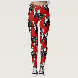 Retro Bowling Pins Black and White on Red Leggings