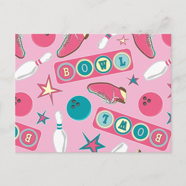 Retro Bowling Print Pink Postcard (Front)