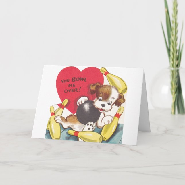 Retro Bowling Puppy Valentine's Day Card (Front)