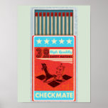 Retro box of matches pop art poster<br><div class="desc">A pop art illustration of a box of matches. This vector illustration has the box open so you can see the safety matches inside. The design has a chess game theme as there is a knight and a bishop. The text reads checkmate.</div>