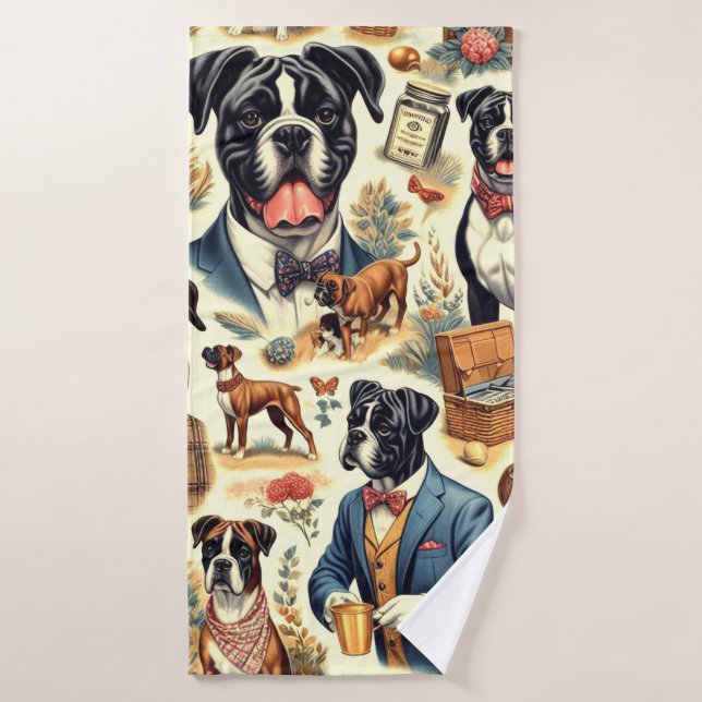 Retro Boxer Dog Illustration Bath Towel (Bath Towel)