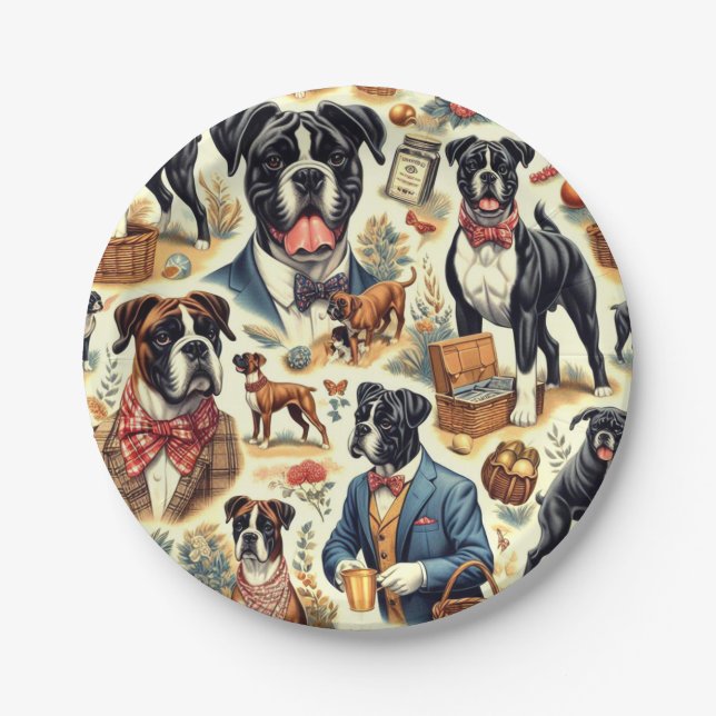 Retro Boxer Dog Illustration Paper Plate (Front)