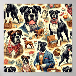 Retro Boxer Dog Illustration Poster