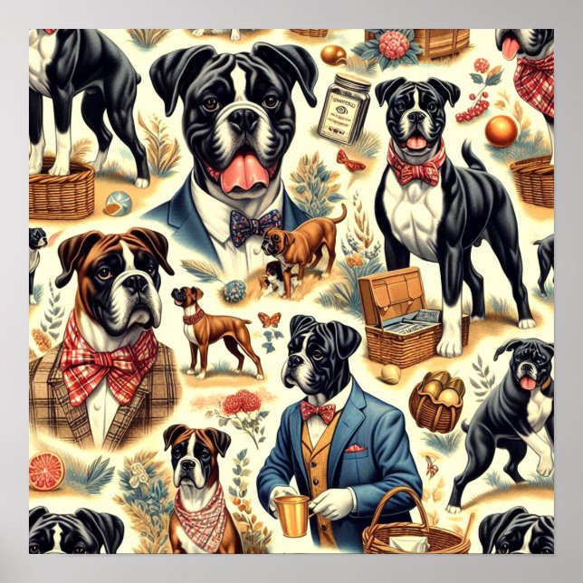 Retro Boxer Dog Illustration Poster (Front)