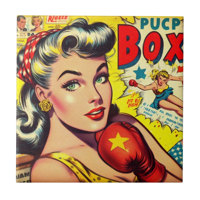 Retro Boxing Girl Comics Tile (Front)