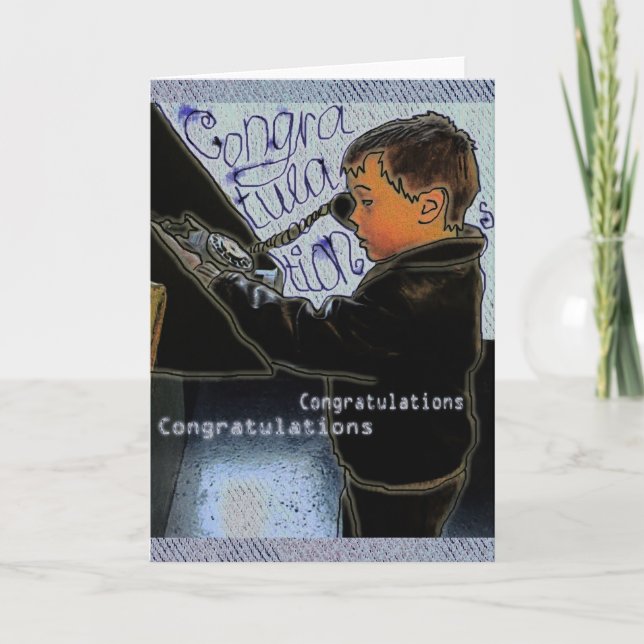 Retro Boy Calling Congratulations Card (Front)