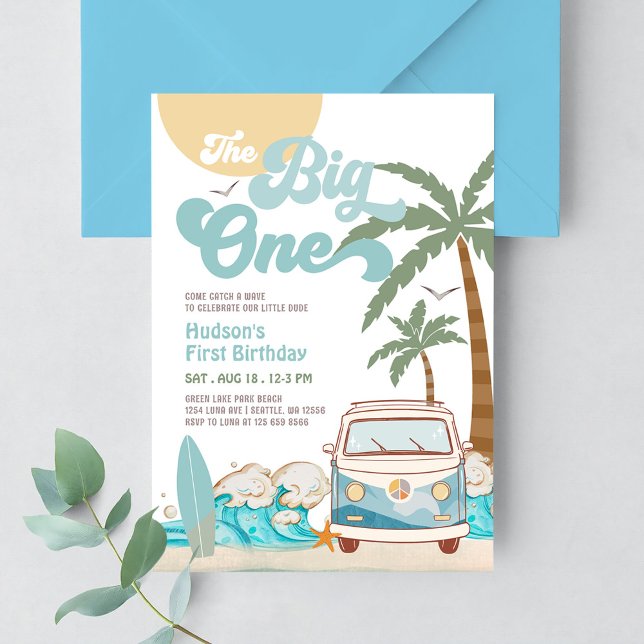 Retro Boy The Big One Surfing 1st Birthday Party Invitation (Creator Uploaded)