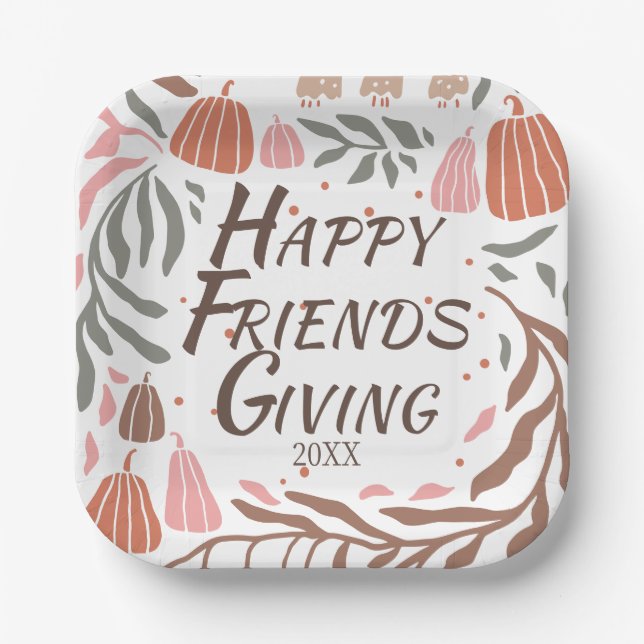 Retro branches, leaves and pumpkins Friendsgiving Paper Plate (Front)