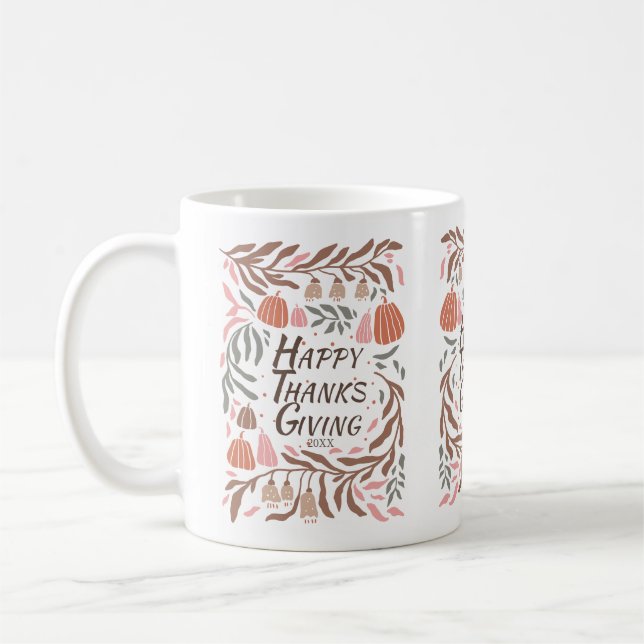 Retro branches leaves pumpkins fall Thanksgiving Coffee Mug (Left)