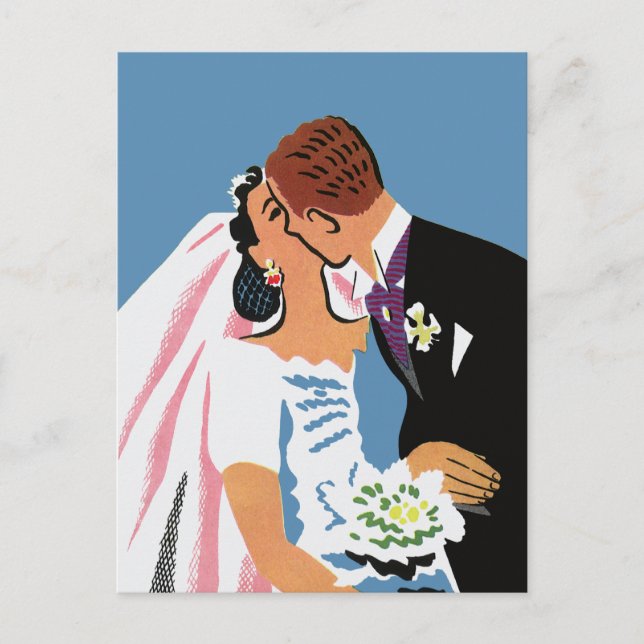 Retro Bride and Groom, Wedding RSVP Invitation Postcard (Front)