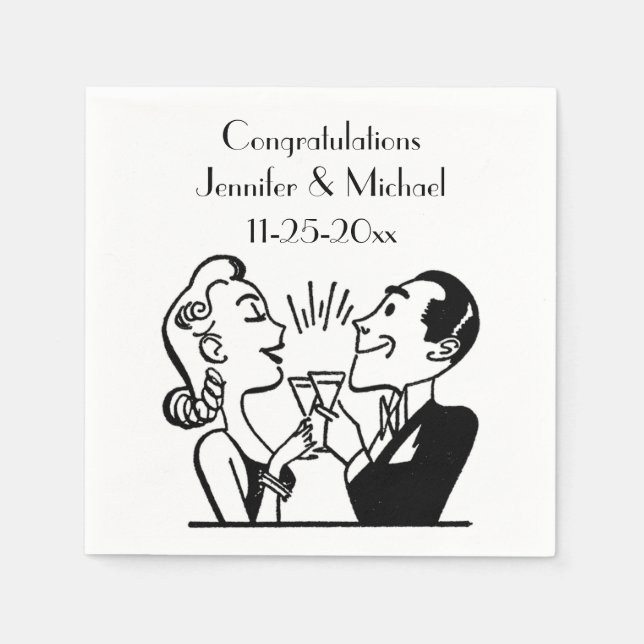Retro Bride Groom Champagne Wedding Anniversary Napkin (Front)
