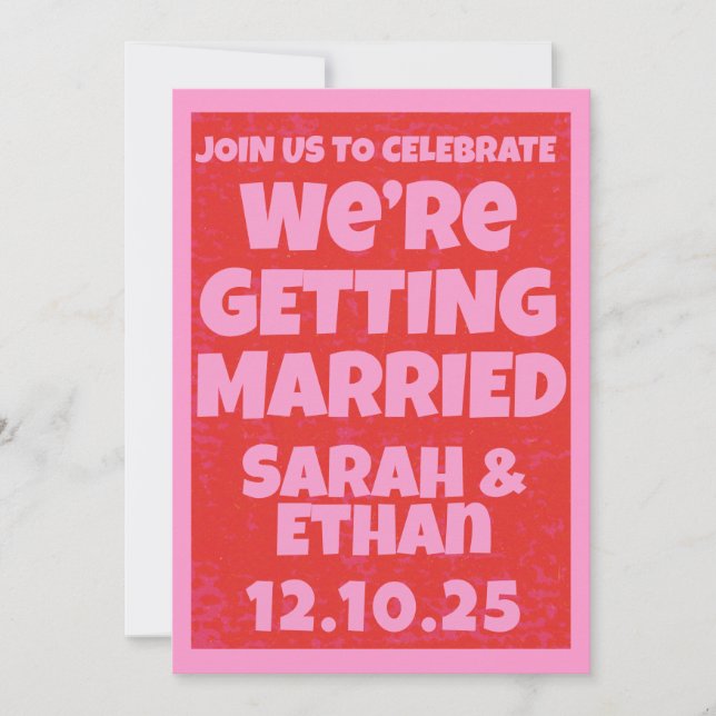 Retro Bright Bold  Funky Pink Red   Wedding  Invitation (Front)