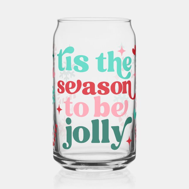 Retro Bright Christmas Tis the Season to Be Jolly Can Glass (Left)