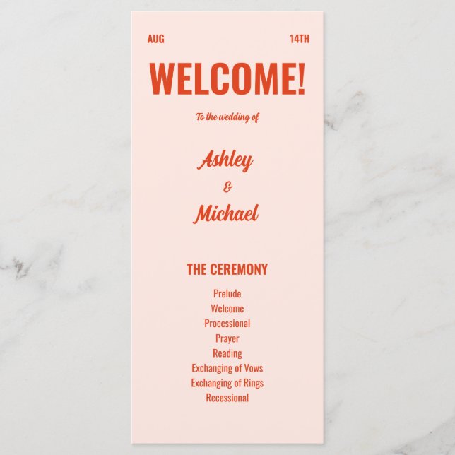 Retro Bright & Colourful Peach Wedding  Programme (Front)