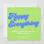 Retro Bright Lime and Blue Happy Everything Holiday Card<br><div class="desc">Holiday greeting for all the winter holidays with the expression - happy everything - with groovy retro style typography in a loud nostalgic 80s and 90s color palette of chartreuse lime green,  vibrant blue,  and pink,  personalized with your greeting and name.</div>