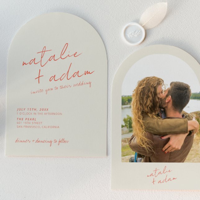 Retro Bright Orange Whimsical Photo Arched Wedding Invitation (Creator Uploaded)