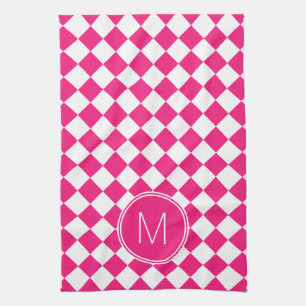 Retro Bright Pink and White Checkered Check Tea Towel
