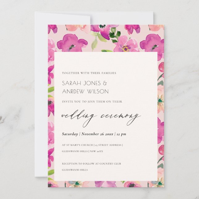 Retro Bright Pink Fun Watercolor Floral Wedding Invitation (Front)